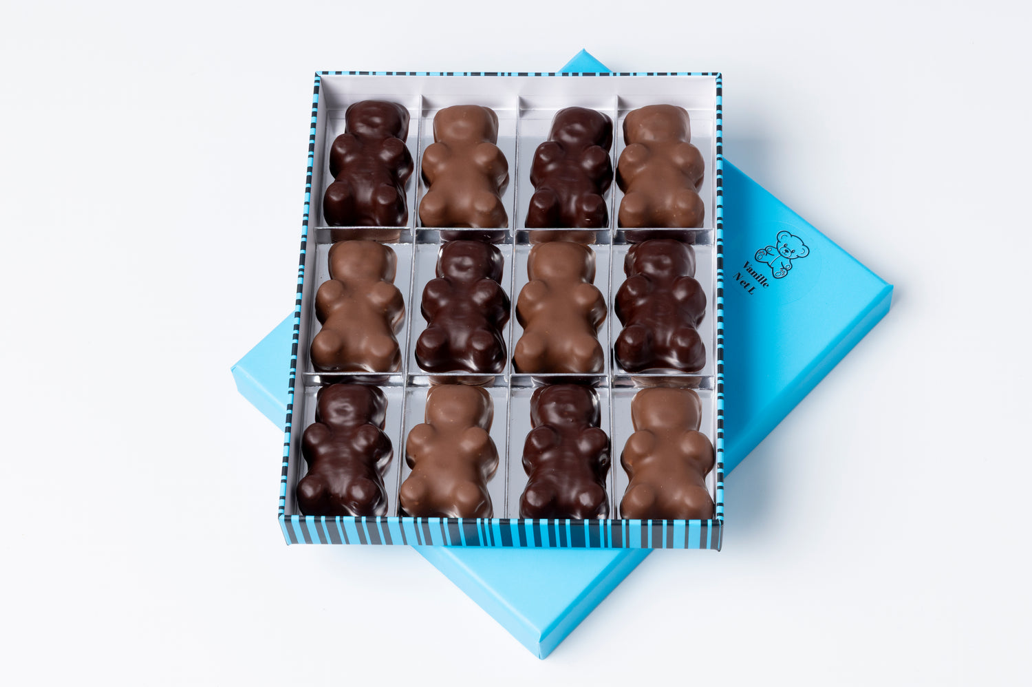 Boite 12 oursons guimauve vanille chocolat noir et lait