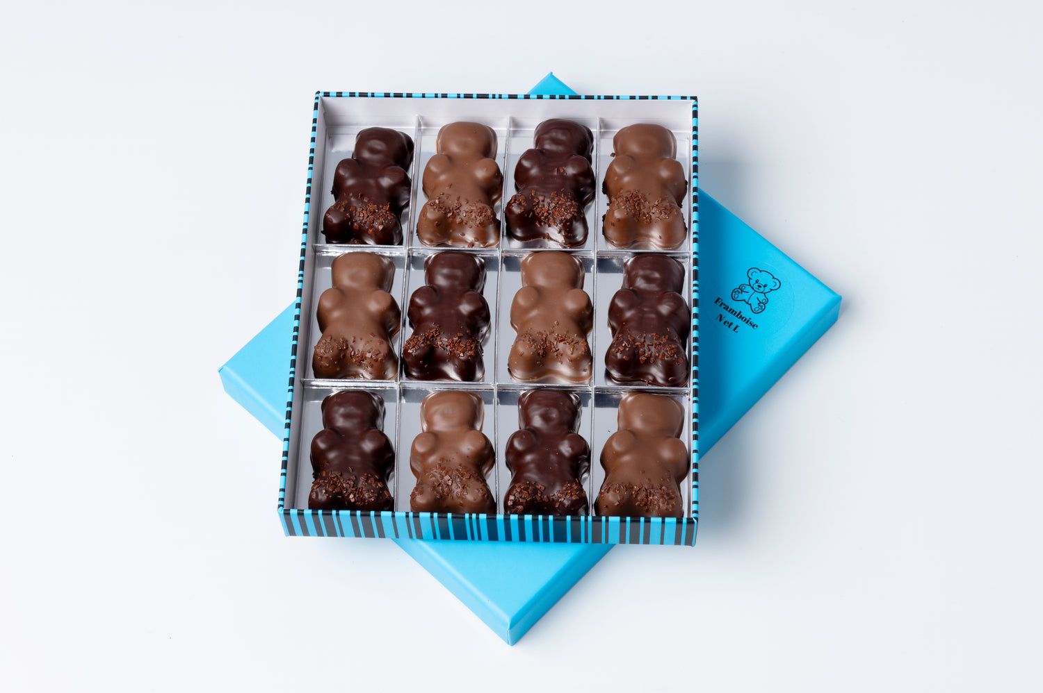 Boite 12 oursons guimauve framboise chocolat noir et lait