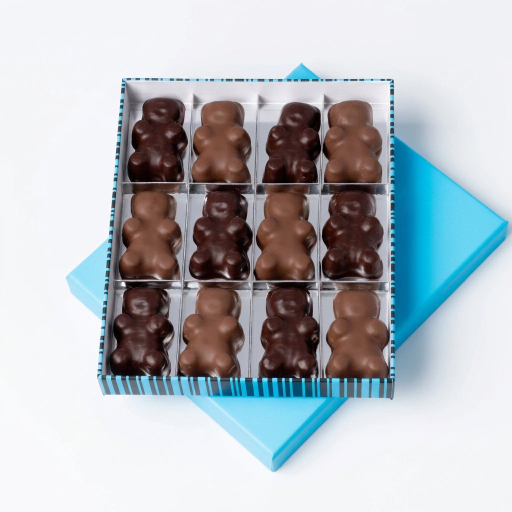 Boite 12 oursons guimauve vanille chocolat noir et lait